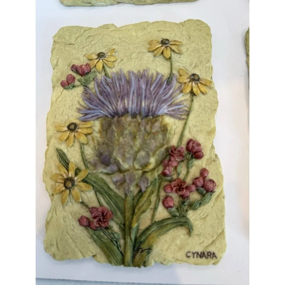 Set‎ 4 Vintage Cherri Blum Wall Plaques Art 3D Floral Tiles Cynara Protea Ginger